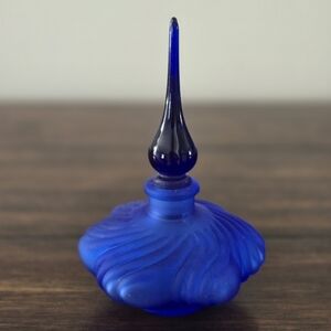 VTG 80s Frosted Cobalt Blue Art Glass Hand Blown Perfume Fragrance Daub Bottle